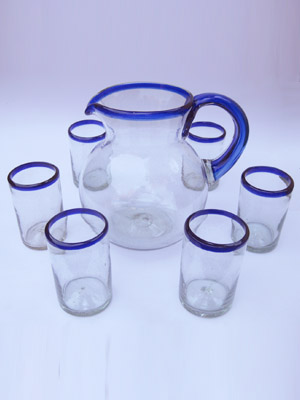 Sale Items / 'Cobalt Blue Rim' pitcher and 6 drinking glasses set / Bordered in beautiful cobalt blue, this classic pitcher and glasses set will bring a colorful touch to your table.